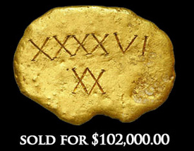 Gold oval ingot from the Luz, 1126.09 grams, 0.909 fine gold (21.816K), marked with XX
