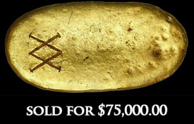 Gold oval ingot from the Luz, 645.26 grams, 0.819 fine gold (19.656K), marked with XX