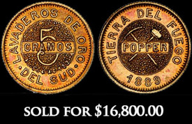 Tierra del Fuego (struck in Buenos Aires), Argentina, gold 5 gramos, Popper, 1889, rare